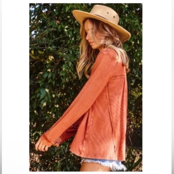 ✌🏼 #1381 Fun Rusty Ruched Stone Washed V Neck Long Sleeve Top - Picture 8 of 17